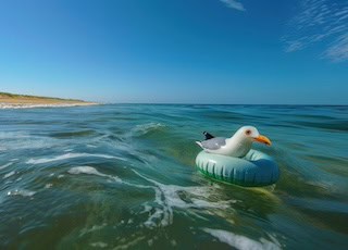 Image of a painted wood swan on a tiny inflatable raft in the middle of a lake
