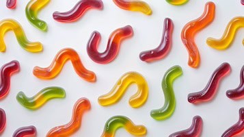 Image of colorful gummy worms, vibrant and appetizing, on a white background