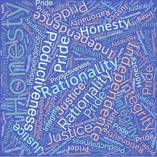 Image of a poster with the names of Objectivist virtues (Productiveness, Rationality, Pride, Justice, Honesty, Integrity, Independence) right side up, sideways, upside down in different colors against dark blue background