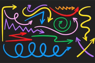 Image of colored arrows -- some straight, some rounded, some squiggly -- of various lengths and pointing in various directions, on a black background.