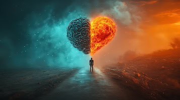 Image of figure standing before heart divided between fire and ice, symbolizing intense inner conflict between passion and reason in emotional decision-making.