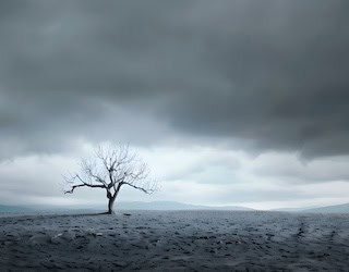 Image of a bare tree in a desert wasteland with dark clouds overhead but a break in the clouds in the distance, with blue sky and white clouds