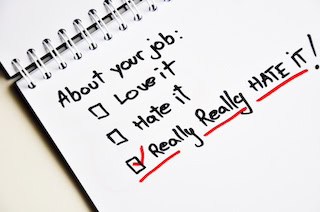 Image of a ring notepad that says "About Your Job:" and three boxes, Love it, Hate it, and the one that's ticked and the words underlined in red, Really Really HATE IT!