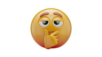 Image of a 3D emoji with a thoughtful expression, hand on chin, and slightly raised eyebrows, as if deep in contemplation